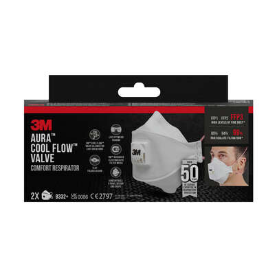 3M™ Aura™ Maske für Dämmstoffe und Hartholz 9332+, FFP3, mit Ventil, 2 pro Packung, A-Nr.: 5646899 - 01