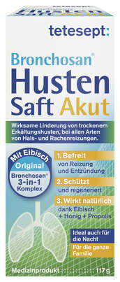 Sie sehen eine Packung tetesept Bronchosan HustenSaft Akut100ml, Produktbild: 01 tetesept Bronchosan HustenSaft Akut100ml, A-Nr.: 5388635 - 01