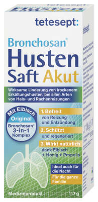 Sie sehen eine Packung tetesept Bronchosan HustenSaft Akut100ml, Produktbild: 02 tetesept Bronchosan HustenSaft Akut100ml, A-Nr.: 5388635 - 02