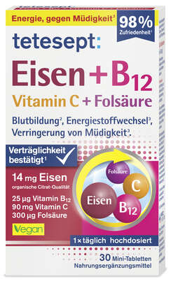 Sie sehen eine Packung tetesept Eisen 14mg +B12+C+Folsäure FTA 30 Stk, Produktbild: 01 tetesept Eisen 14mg +B12+C+Folsäure FTA 30 Stk, A-Nr.: 5601112 - 01