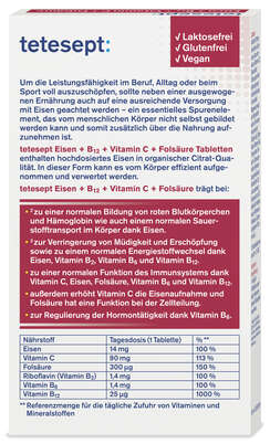 Sie sehen eine Packung tetesept Eisen 14mg +B12+C+Folsäure FTA 30 Stk, Produktbild: 03 tetesept Eisen 14mg +B12+C+Folsäure FTA 30 Stk, A-Nr.: 5601112 - 03