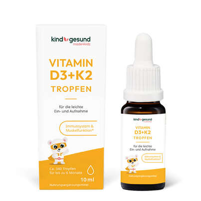 Sie sehen eine Packung Vitamin D3+K2 Tropfen für Kinder, Produktbild: 01 Vitamin D3+K2 Tropfen für Kinder, A-Nr.: 5940050 - 01