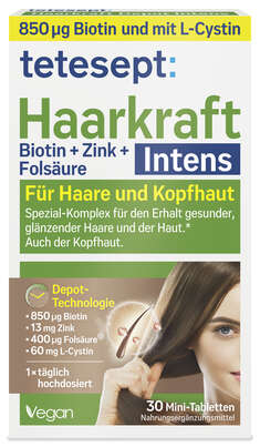 Sie sehen eine Packung tetesept TETESEPT Haarkraft Depot FTa 30 St., Produktbild: 01 tetesept TETESEPT Haarkraft Depot FTa 30 St., A-Nr.: 5830580 - 01