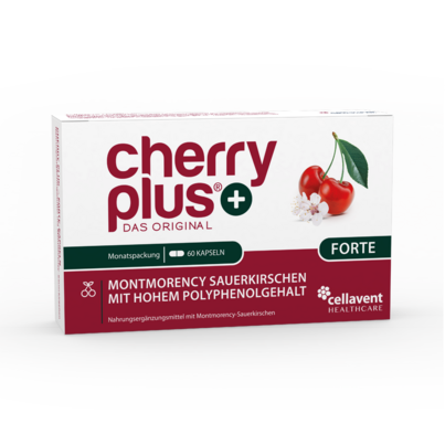 Sie sehen eine Packung Montmorency Sauerkirschsaft + Sauerkirsch-Extrakt in einer Kapsel | Cherry PLUS Forte, Produktbild: 01 Montmorency Sauerkirschsaft + Sauerkirsch-Extrakt in einer Kapsel | Cherry PLUS Forte, A-Nr.: 5940067 - 01