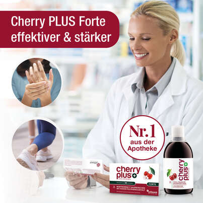 Sie sehen eine Packung Montmorency Sauerkirschsaft + Sauerkirsch-Extrakt in einer Kapsel | Cherry PLUS Forte, Produktbild: 02 Montmorency Sauerkirschsaft + Sauerkirsch-Extrakt in einer Kapsel | Cherry PLUS Forte, A-Nr.: 5940067 - 02