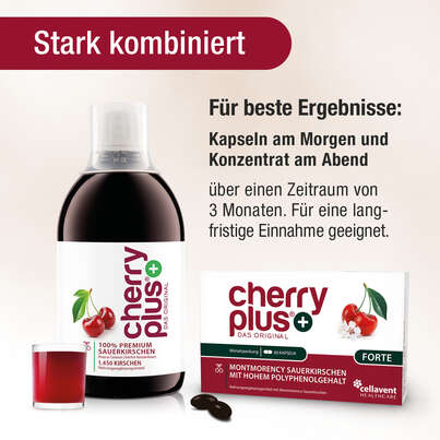 Sie sehen eine Packung Montmorency Sauerkirschsaft + Sauerkirsch-Extrakt in einer Kapsel | Cherry PLUS Forte, Produktbild: 04 Montmorency Sauerkirschsaft + Sauerkirsch-Extrakt in einer Kapsel | Cherry PLUS Forte, A-Nr.: 5940067 - 04