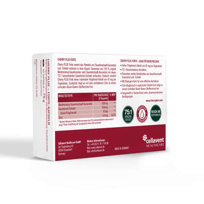 Sie sehen eine Packung Montmorency Sauerkirschsaft + Sauerkirsch-Extrakt in einer Kapsel | Cherry PLUS Forte, Produktbild: 05 Montmorency Sauerkirschsaft + Sauerkirsch-Extrakt in einer Kapsel | Cherry PLUS Forte, A-Nr.: 5940067 - 05