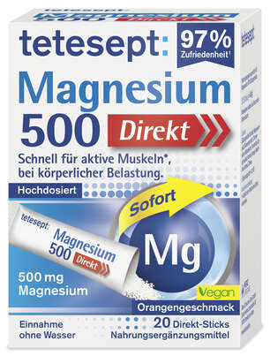 Sie sehen eine Packung tetesept Magnesium 500 direkt Stick 20 Stk., Produktbild: 01 tetesept Magnesium 500 direkt Stick 20 Stk., A-Nr.: 5664868 - 01