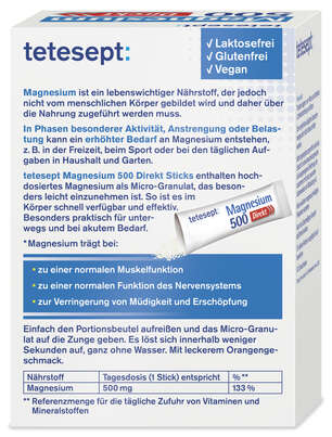 Sie sehen eine Packung tetesept Magnesium 500 direkt Stick 20 Stk., Produktbild: 03 tetesept Magnesium 500 direkt Stick 20 Stk., A-Nr.: 5664868 - 03
