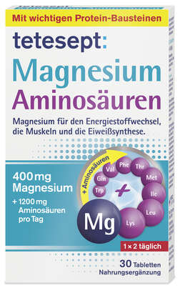 Sie sehen eine Packung tetesept Magnesium Aminosäuren 30 St, Produktbild: 01 tetesept Magnesium Aminosäuren 30 St, A-Nr.: 4449317 - 01