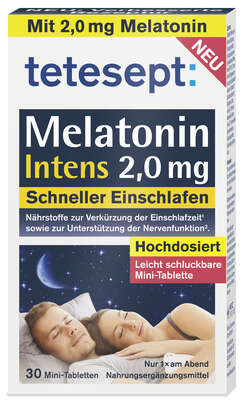 Sie sehen eine Packung Tetesept Melatonin INTENS 2,0MG 30Stk, Produktbild: 01 Tetesept Melatonin INTENS 2,0MG 30Stk, A-Nr.: 5899229 - 01