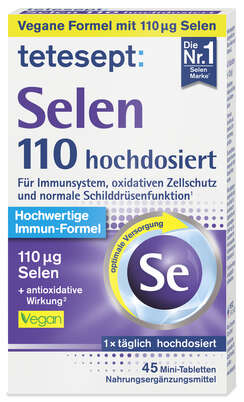 Sie sehen eine Packung tetesept Selen 110µg 45 St., Produktbild: 01 tetesept Selen 110µg 45 St., A-Nr.: 5838564 - 01