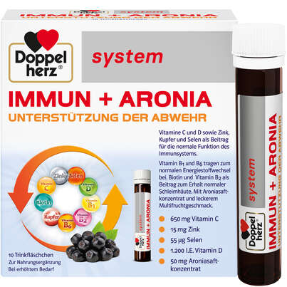 Sie sehen eine Packung Doppelherz system IMMUN + ARONIA - UNTERSTÜTZUNG DER ABWEHR, Produktbild: 01 Doppelherz system IMMUN + ARONIA - UNTERSTÜTZUNG DER ABWEHR, A-Nr.: 5678008 - 01