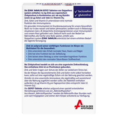 Sie sehen eine Packung Doppelherz system ZINK IMMUN DEPOT + Histidin + D + Selen, Produktbild: 04 Doppelherz system ZINK IMMUN DEPOT + Histidin + D + Selen, A-Nr.: 5677919 - 04