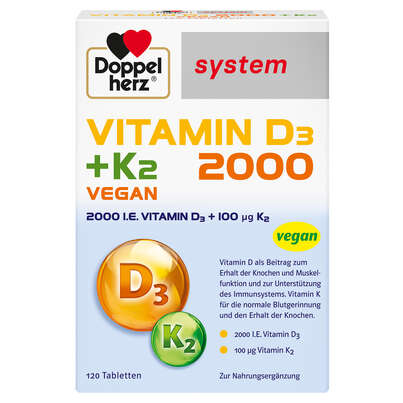 Sie sehen eine Packung Doppelherz system VITAMIN D3 2000 + K2 VEGAN - IMMUNSYSTEM + KNOCHENFUNKTION, Produktbild: 01 Doppelherz system VITAMIN D3 2000 + K2 VEGAN - IMMUNSYSTEM + KNOCHENFUNKTION, A-Nr.: 5677799 - 01