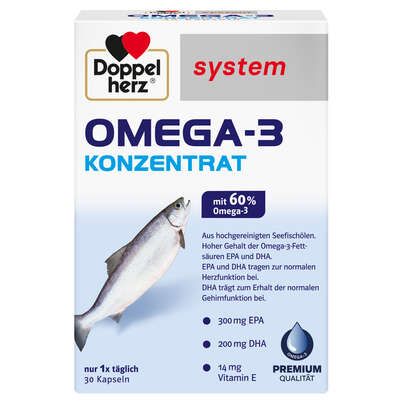 Sie sehen eine Packung Doppelherz system OMEGA-3 KONZENTRAT, Produktbild: 01 Doppelherz system OMEGA-3 KONZENTRAT, A-Nr.: 3448511 - 01