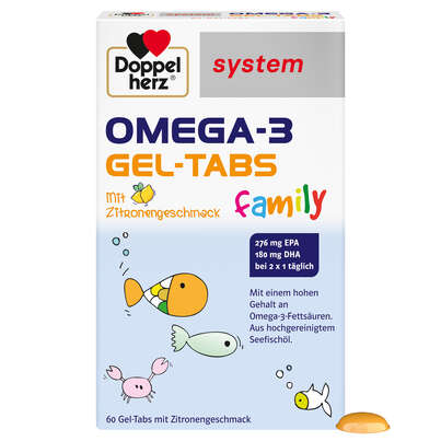 Sie sehen eine Packung Doppelherz system OMEGA-3 family Gel-Tabs zum Kauen, Produktbild: 01 Doppelherz system OMEGA-3 family Gel-Tabs zum Kauen, A-Nr.: 3836377 - 01