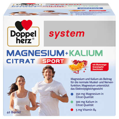 Sie sehen eine Packung Doppelherz system MAGNESIUM + KALIUM CITRAT SPORT, Produktbild: 01 Doppelherz system MAGNESIUM + KALIUM CITRAT SPORT, A-Nr.: 5762507 - 01
