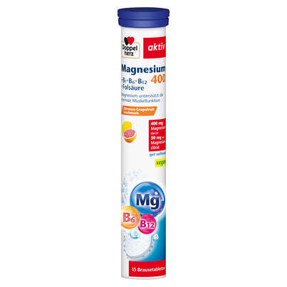 Sie sehen eine Packung Doppelherz Magnesium 400 Brausetabletten + B1 + B6 + B12 + Folsäure, Produktbild: 01 Doppelherz Magnesium 400 Brausetabletten + B1 + B6 + B12 + Folsäure, A-Nr.: 5678362 - 01