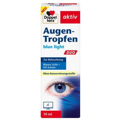 Sie sehen eine Packung Doppelherz Augen-Tropfen blue light DUO, Produktbild: 01 Doppelherz Augen-Tropfen blue light DUO, A-Nr.: 5848433 - 01