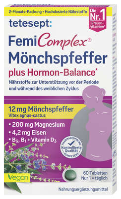 Sie sehen eine Packung tetesept Femi Complex Mönchspfeffer 60 STK, Produktbild: 01 tetesept Femi Complex Mönchspfeffer 60 STK, A-Nr.: 5967445 - 01