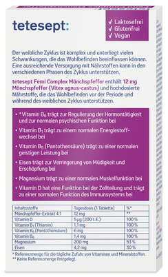 Sie sehen eine Packung tetesept Femi Complex Mönchspfeffer 60 STK, Produktbild: 02 tetesept Femi Complex Mönchspfeffer 60 STK, A-Nr.: 5967445 - 02