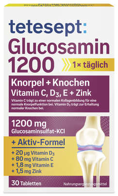 Sie sehen eine Packung Tetesept Glucosamin 1200 30st, Produktbild: 01 Tetesept Glucosamin 1200 30st, A-Nr.: 5431957 - 01