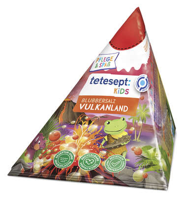 Sie sehen eine Packung tetesept Kids Blubbersalz Vulkanland, Produktbild: 01 tetesept Kids Blubbersalz Vulkanland, A-Nr.: 4405679 - 01