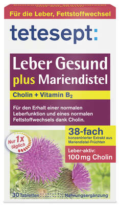 Sie sehen eine Packung tetesept Leber Gesund Mariendistel 30 Tabl., Produktbild: 01 tetesept Leber Gesund Mariendistel 30 Tabl., A-Nr.: 5075089 - 01
