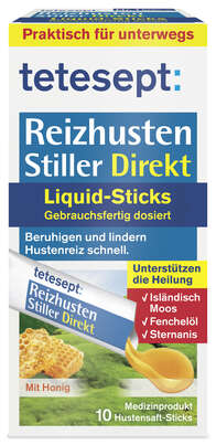 Sie sehen eine Packung tetesept Reizhusten Stiller Direkt Liquid Sticks 10 Stk, Produktbild: 01 tetesept Reizhusten Stiller Direkt Liquid Sticks 10 Stk, A-Nr.: 5406422 - 01