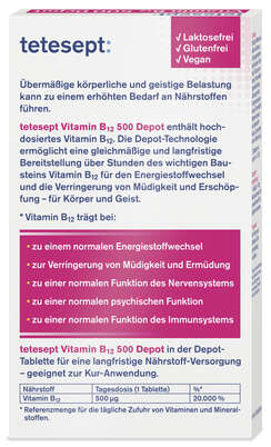Sie sehen eine Packung TETESEPT VitaminB12 Depot 500µg FTA 30ST, Produktbild: 03 TETESEPT VitaminB12 Depot 500µg FTA 30ST, A-Nr.: 5750622 - 03
