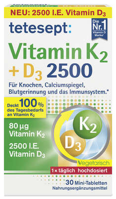 Sie sehen eine Packung tetesept Vitamin K2+D3 2500 Tabl. 30 Stk., Produktbild: 01 tetesept Vitamin K2+D3 2500 Tabl. 30 Stk., A-Nr.: 5709246 - 01