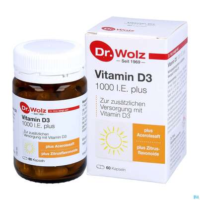 Sie sehen eine Packung Vitamin D3 Kapseln 1000ie Plus -dr.wolz Nr 60 60st, Produktbild: 06 Vitamin D3 Kapseln 1000ie Plus -dr.wolz Nr 60 60st, A-Nr.: 3839335 - 06