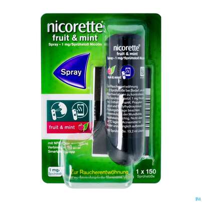 Sie sehen eine Packung Nicorette Spray 1mg/spruehstoss Z.anw.i.d.mundhoehle lösung Fruit & Mint Nfc 1st, Produktbild: 02 Nicorette Spray 1mg/spruehstoss Z.anw.i.d.mundhoehle lösung Fruit & Mint Nfc 1st, A-Nr.: 5510266 - 02
