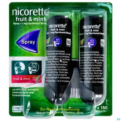 Sie sehen eine Packung Nicorette Spray 1mg/spruehstoss Z.anw.i.d.mundhoehle lösung Fruit & Mint Nfc 2st, Produktbild: 01 Nicorette Spray 1mg/spruehstoss Z.anw.i.d.mundhoehle lösung Fruit & Mint Nfc 2st, A-Nr.: 5510272 - 01
