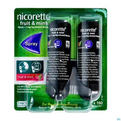 Sie sehen eine Packung Nicorette Spray 1mg/spruehstoss Z.anw.i.d.mundhoehle lösung Fruit & Mint Nfc 2st, Produktbild: 02 Nicorette Spray 1mg/spruehstoss Z.anw.i.d.mundhoehle lösung Fruit & Mint Nfc 2st, A-Nr.: 5510272 - 02