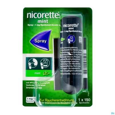 Sie sehen eine Packung Nicorette Spray 1mg/spruehstoss Z.anw.i.d.mundhoehle lösung Mint Nfc 1st, Produktbild: 02 Nicorette Spray 1mg/spruehstoss Z.anw.i.d.mundhoehle lösung Mint Nfc 1st, A-Nr.: 5510237 - 02