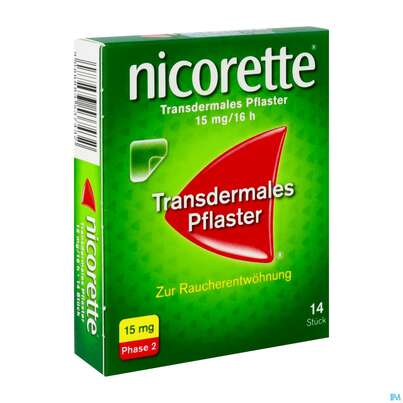 Sie sehen eine Packung Nicorette Transdermales Pflaster 15mg/16h 14st, Produktbild: 02 Nicorette Transdermales Pflaster 15mg/16h 14st, A-Nr.: 3537433 - 02