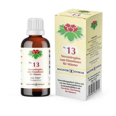 Sie sehen eine Packung Magister Doskar Nr. 13 Nerventropfen für Männer zum Einnehmen, Produktbild: 01 Magister Doskar Nr. 13 Nerventropfen für Männer zum Einnehmen, A-Nr.: 0685073 - 01