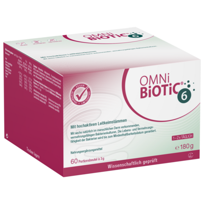 Sie sehen eine Packung OMNi-BiOTiC® 6, 60 Sachets a 3g, Produktbild: 01 OMNi-BiOTiC® 6, 60 Sachets a 3g, A-Nr.: 3887073 - 01