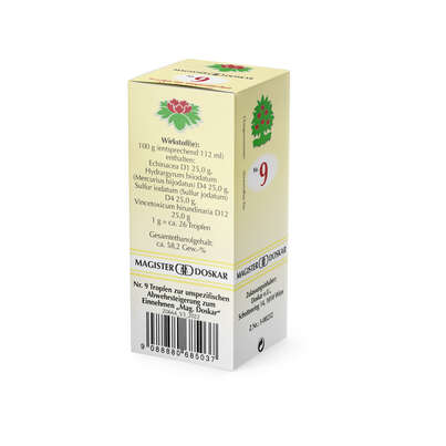Sie sehen eine Packung Magister Doskar Nr. 9 Tropfen zur unspezifischen Abwehrsteigerung zum Einnehmen, Produktbild: 03 Magister Doskar Nr. 9 Tropfen zur unspezifischen Abwehrsteigerung zum Einnehmen, A-Nr.: 0685038 - 03
