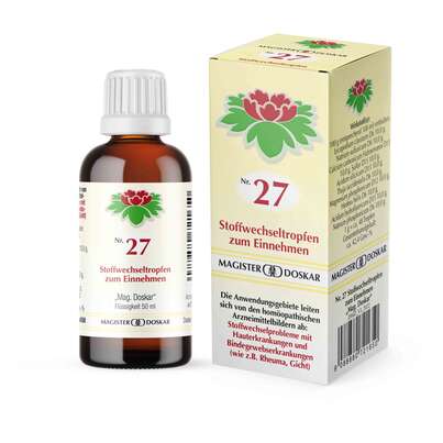 Sie sehen eine Packung Magister Doskar Nr. 27 Stoffwechseltropfen zum Einnehmen, Produktbild: 01 Magister Doskar Nr. 27 Stoffwechseltropfen zum Einnehmen, A-Nr.: 0721656 - 01