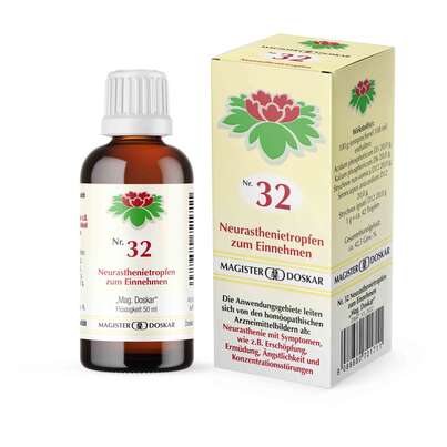 Sie sehen eine Packung Magister Doskar Nr. 32 Neurasthenietropfen zum Einnehmen, Produktbild: 01 Magister Doskar Nr. 32 Neurasthenietropfen zum Einnehmen, A-Nr.: 0721716 - 01