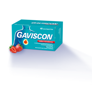 Sie sehen eine Packung GAVISCON ERDBEER KTBL 48 ST, Produktbild: 01 GAVISCON ERDBEER KTBL 48 ST, A-Nr.: 5542361 - 01