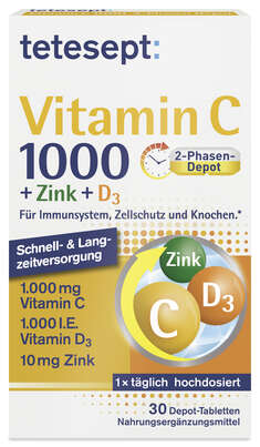 Sie sehen eine Packung tetesept Vitamin C 1000 + Zink + D3, Produktbild: 01 tetesept Vitamin C 1000 + Zink + D3, A-Nr.: 5316707 - 01