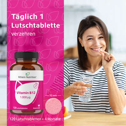 Sie sehen eine Packung R(h)ein Nutrition Vitamin B12 1.000 µg Lutschtabletten hochdosiert, Produktbild: 04 R(h)ein Nutrition Vitamin B12 1.000 µg Lutschtabletten hochdosiert, A-Nr.: 5987241 - 04