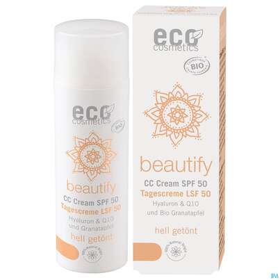 Sie sehen eine Packung Eco Cosmetics Bio/gesichtspflege Opc/q10/hyaluron Cc Creme Lsf50 Hell 50ml, Produktbild: 02 Eco Cosmetics Bio/gesichtspflege Opc/q10/hyaluron Cc Creme Lsf50 Hell 50ml, A-Nr.: 4862773 - 02