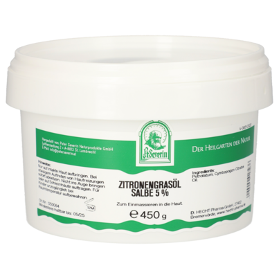 Sie sehen eine Packung ZITRONENGRASOEL 5% SALBE 450 G, Produktbild: 01 ZITRONENGRASOEL 5% SALBE 450 G, A-Nr.: 5677144 - 01