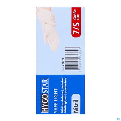 Sie sehen eine Packung Untersuchungshandschuhe Nitril/unsteril Puderfrei/hypoallergen Safe Light Weiss S 27069 100st, Produktbild: 10 Untersuchungshandschuhe Nitril/unsteril Puderfrei/hypoallergen Safe Light Weiss S 27069 100st, A-Nr.: 3049395 - 10