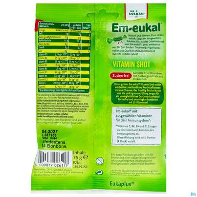 Sie sehen eine Packung Em-eukal Bonbons Zuckerfrei Vitamin Shot Sauer 75g, Produktbild: 03 Em-eukal Bonbons Zuckerfrei Vitamin Shot Sauer 75g, A-Nr.: 5899525 - 03